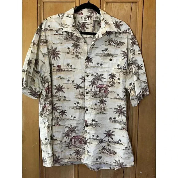 Moda Campia Moda Mens Hawaiian Summer Cotton Button Up Shirt Sz XL Beige VINTAGE - Picture 1 of 11